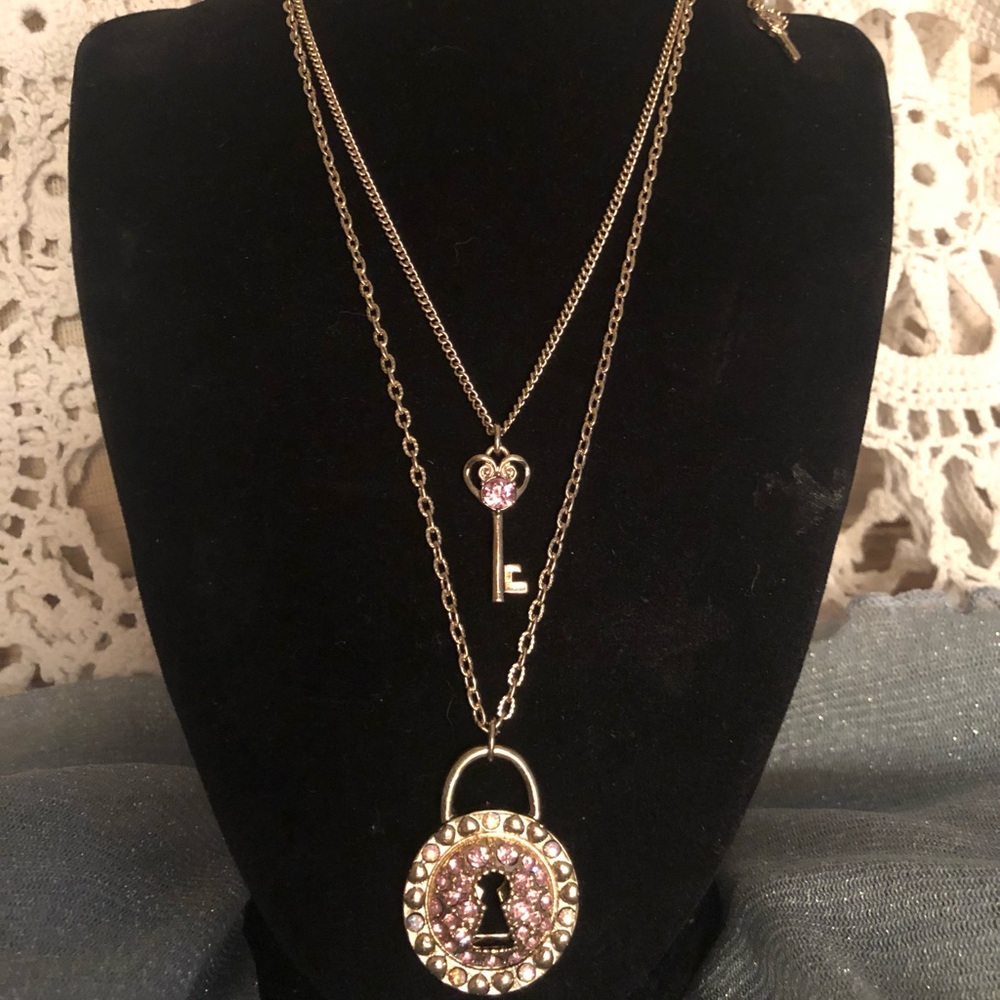 Vintage Betsey Johnson Gold and Pink Padlock Necklace Set